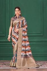 India Silk Ash Grey and White Sarees Featuring Tussar Silk Jacquard Combine Traditional Craftsmanship With Elegant